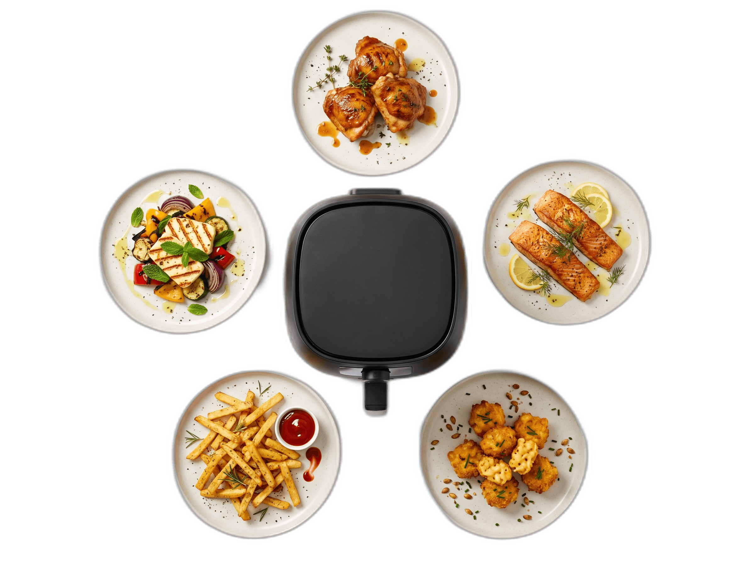 Air fryer with 5 dishes ready to serve